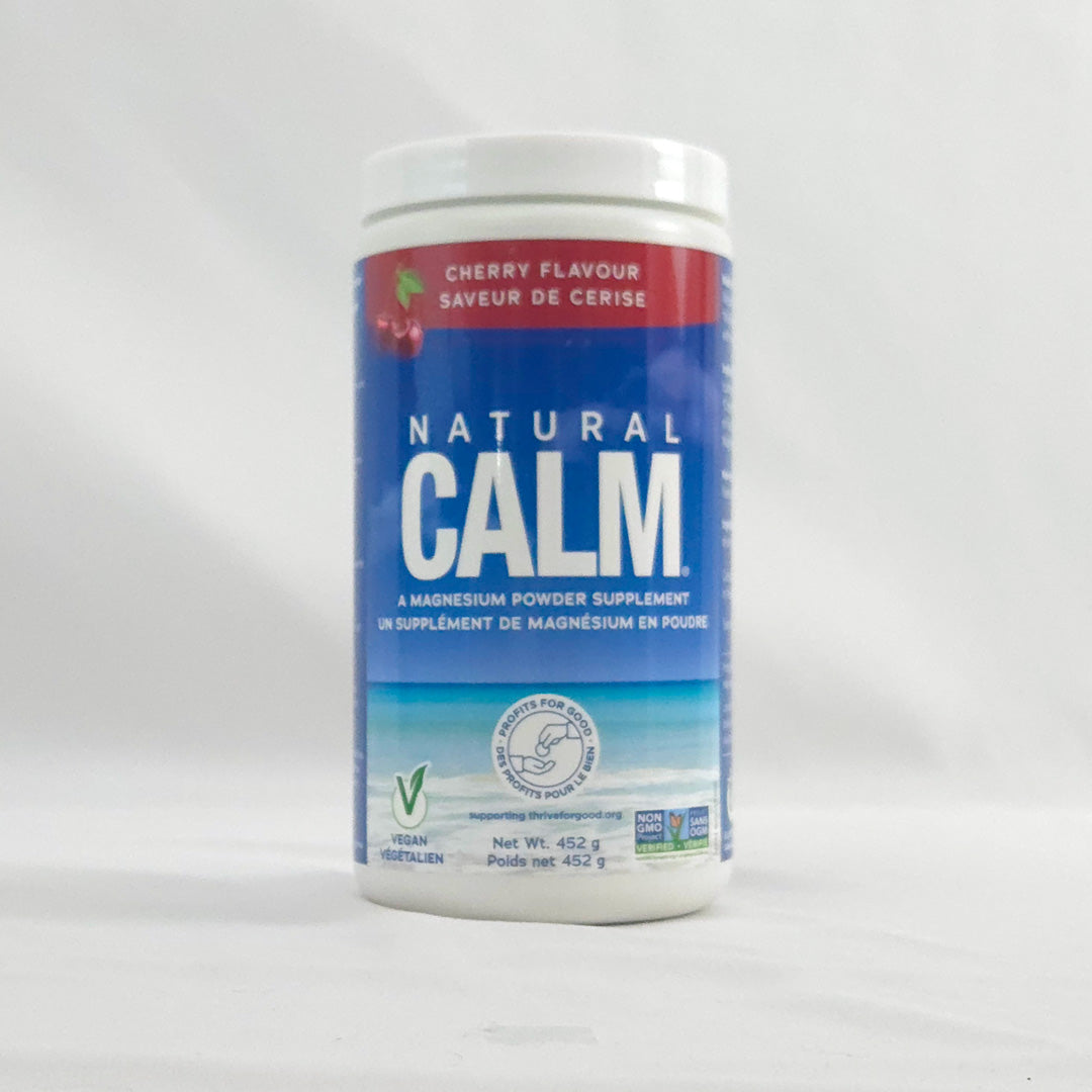 Container of Natural Calm magnesium powder supplement on a white background