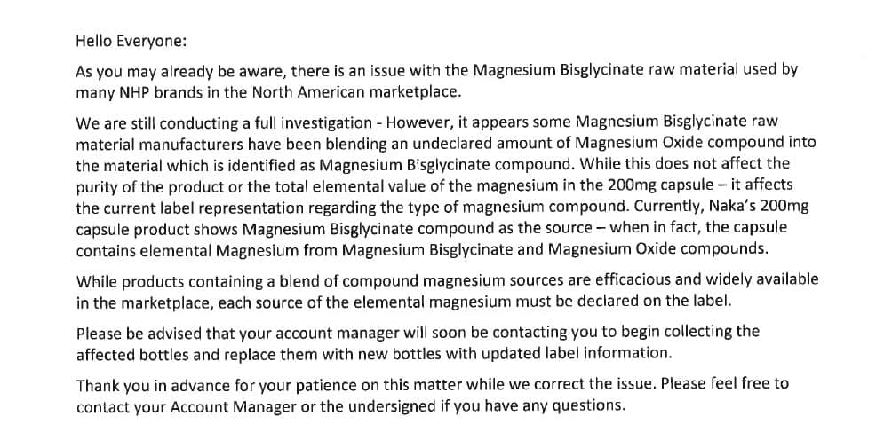 Letter on Magnesium Glycinate