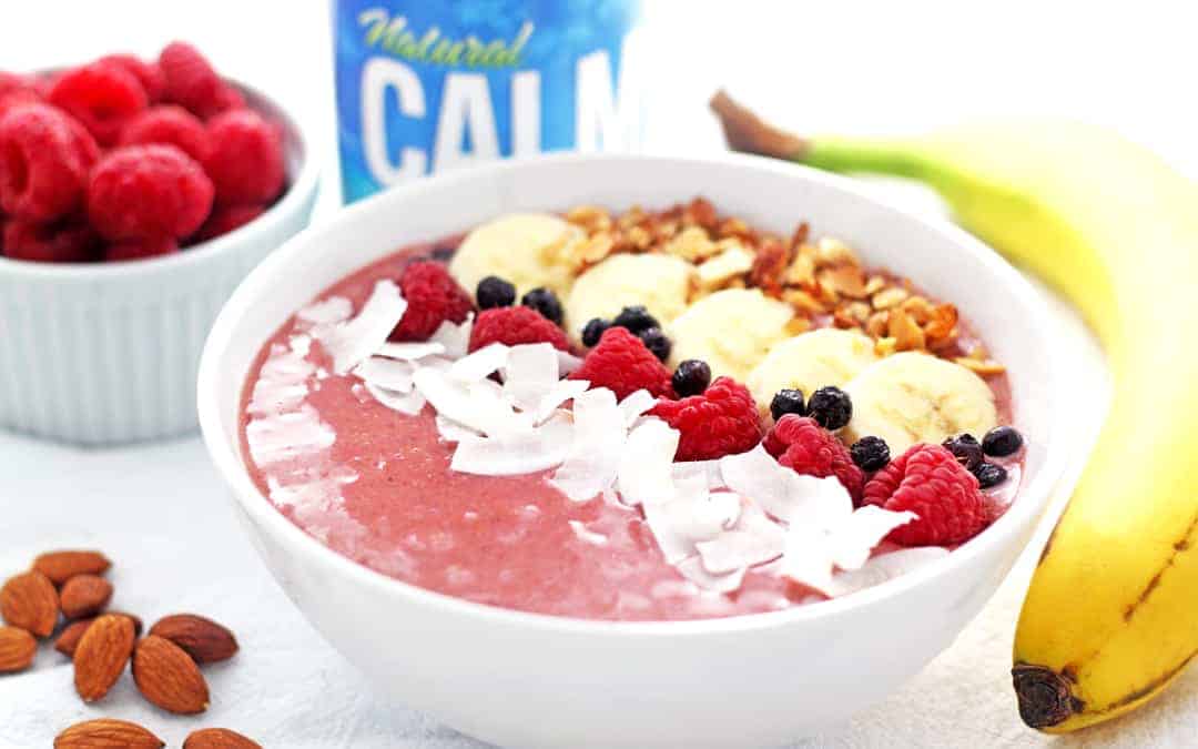 Anti inflammatory smoothie bowl with banana, raspberries, avocado and Natural Calm